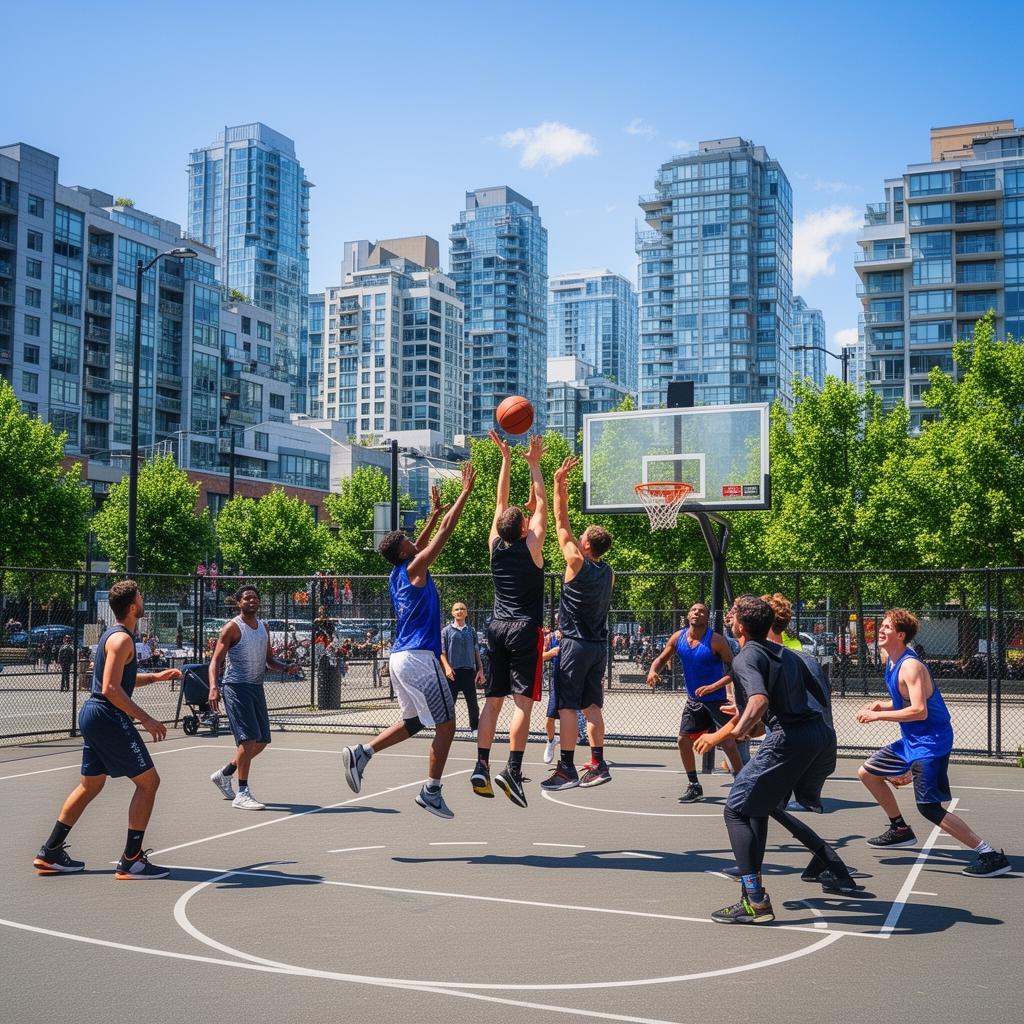 Pickup basketball game on a downtown Vancouver court