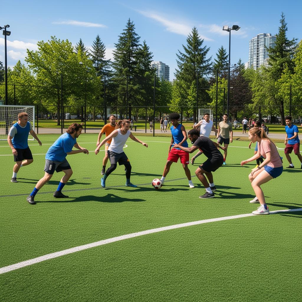 Casual pickup soccer game on a turf field in a Vancouver park