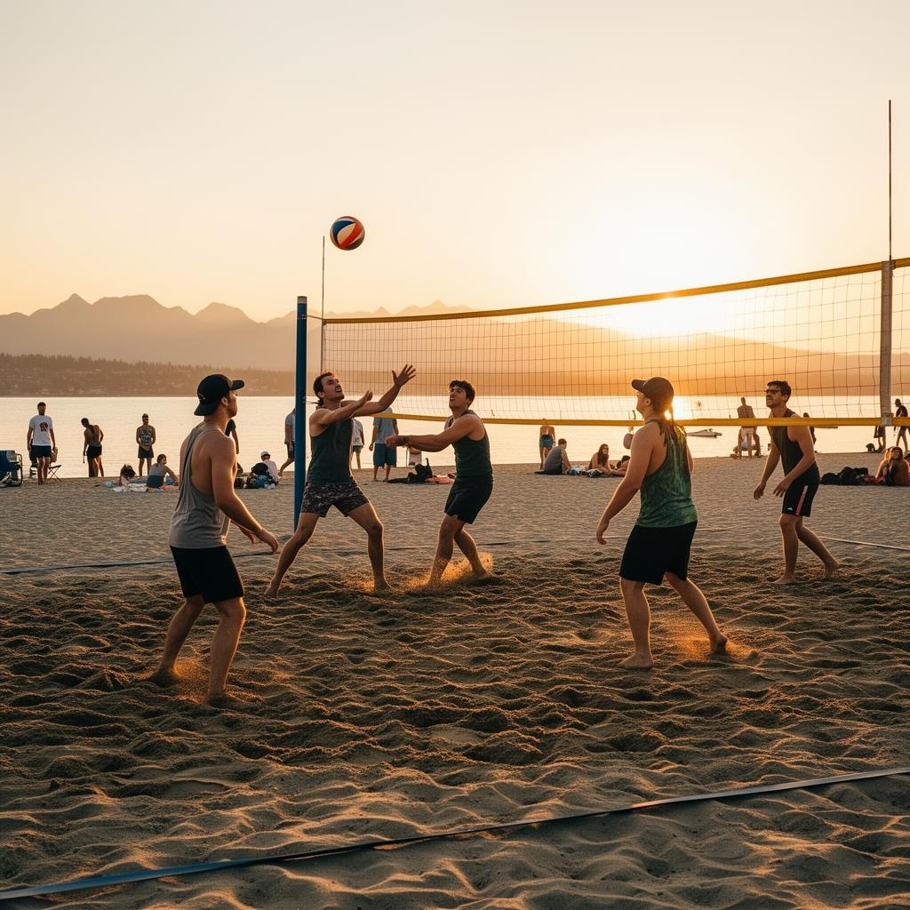 Pickup beach volleyball game at sunset in Vancouver